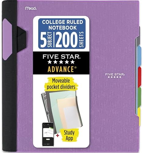 Five Star Advance Spiral Notebook + Study App, 5 Subject, College Ruled Paper, 8-1/2" x 11", 200 Sheets, Spiral Guard, Movable Tabbed Dividers, Amethyst Purple (820013G)