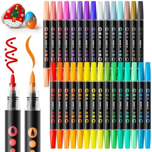 SUNEE 30 Colors Acrylic Paint Markers, Dual Tip Bullet & Brush Paint Pens with Automatic Ink Control System, Art Supplies for Adults & Teens, for Rock, Wood, Canvas, Glass Creative Projects