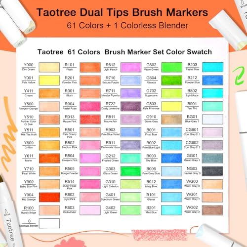 Taotree Alcohol Markers Brush Tip, 61 Colors Dual Tip Brush Markers Set