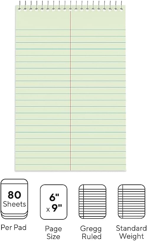 STAPLES Steno Pads, 6” x 9”, Gregg Ruled, Green Paper, 12‑Pack