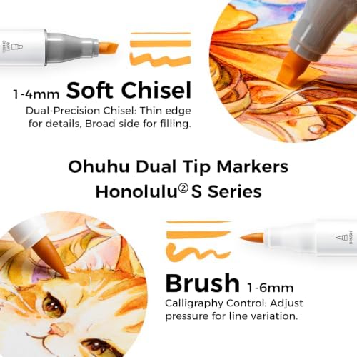 Ohuhu Alcohol Markers 24 Colors Brush& Soft Chisel AP Certified Refillable