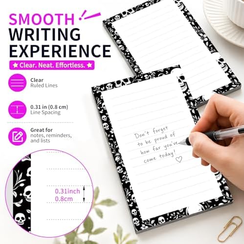 Lined Sticky Notes 4x6 in, 2 Pack Large Cute Notepads with Lines Self-Stick Note Pad, Funny Memo Pads Strong Adhesive for Office, Home Black White Skulls
