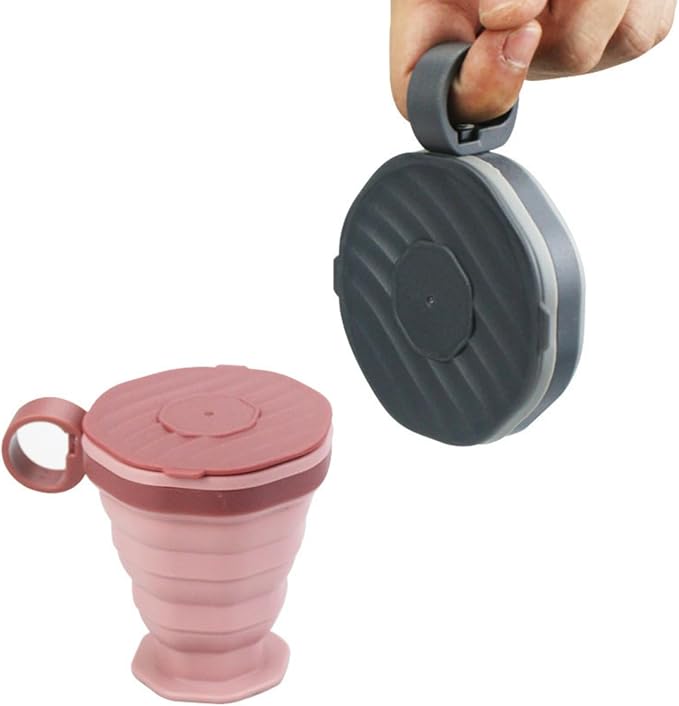 Portable Collapsible Coffee Cup Foldable Silicone Travel Mug with Lid & Carry Cord Leak-Resistant Heatproof & Easy to CleanIncludes 2 Cups (1 Gray + 1 Pink) (1 Grey+1 Pink)
