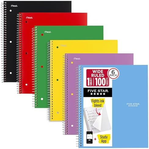 Five Star Spiral Notebook + Study App, 6 Pack, 1 Subject, Wide Ruled 8" x 10.5" Paper, 100 Sheets, Fights Ink Bleed, Water Resistant Cover, Assorted Colors (38042)