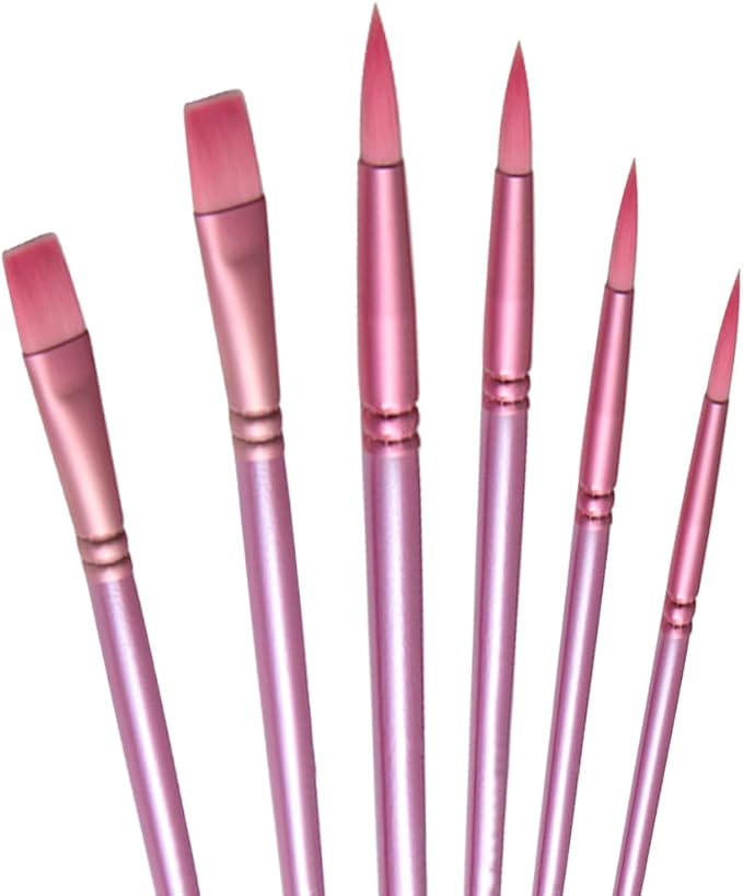 Acrylic Paint Brush Set, 6 pcs Watercolor Brushes, Painting Brush Nylon Hair Brushes for All Purpose Oil Watercolor Painting Beginner Kits (6, Pink)