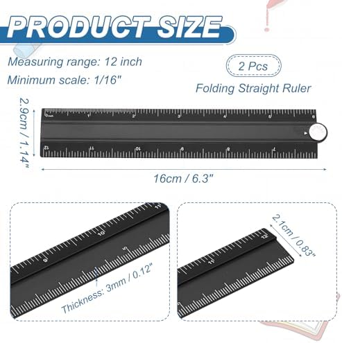 HARFINGTON 2pcs Folding Straight Ruler 12" SAE Aluminum Alloy Protractor Foldable Angle Ruler Geometric Measuring Tool with Angle Line for Architects Artists Designers Classroom Office, Black