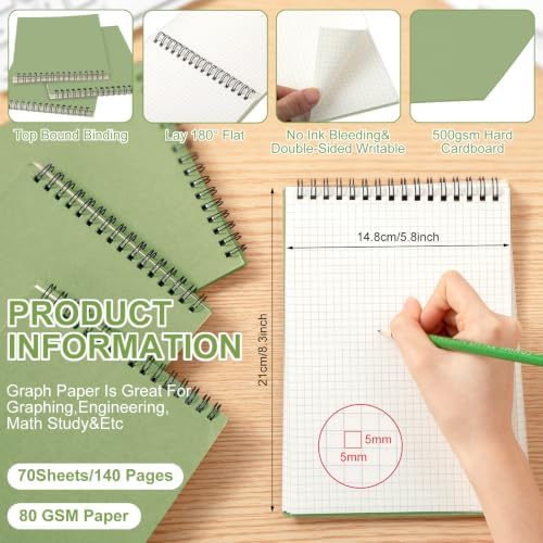 Engrowtic 2 Pack Graph Paper Spiral Notebook A5,Eucalyptus Green
