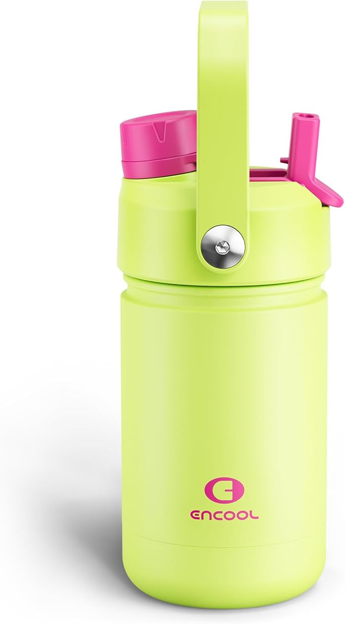 Kids Insulated Water Bottle with Straw - 12oz Stainless Steel Water Bottle with Dual Spouts, Leak-Proof, BPA-Free, Double Wall Vacuum Keeps Cold for 24 Hours for Sports, Travel, School (Acid Green)