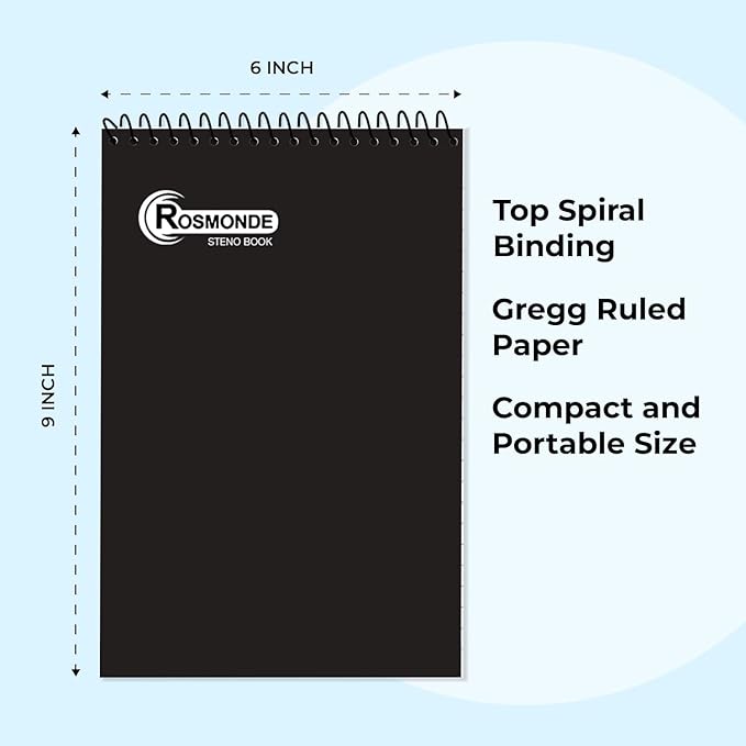 Rosmonde 12 Pack Spiral Steno Pads, 6 x 9, Gregg Rule, Black Steno Pad, Long Lasting - 80 Sheets (160 Pages), Top Spiral Notebook, Bulk Steno Notebook for Business, Top Spiral Steno Book for Office