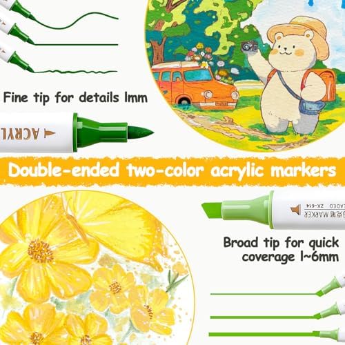 72 Colors Acrylic Paint Markers, 36 Pack Dual Tip Chisel & Fine Permanent Art Paint Pens Set, Coloring Markers for Adult Book Drawing, Rock, Stone, Fabric, Art Supplies Marker Kit for Illustration DIY