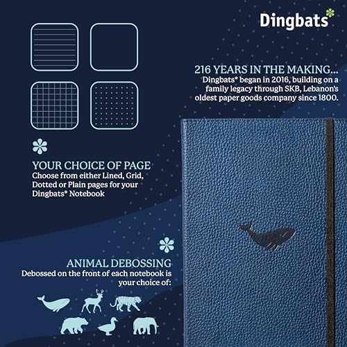 Dingbats Wildlife Dotted Journal A5 - Vegan Leather Hard Cover, Ideal for Work, Travel - Pocket, Elastic Closure, Bookmark
