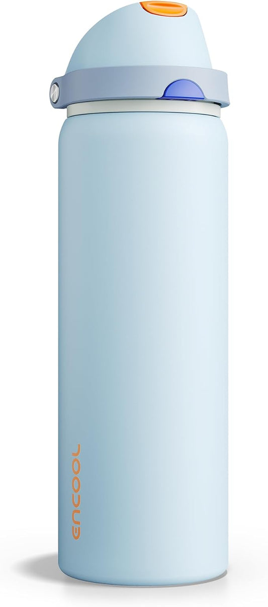 ENCOOL Insulated Water Bottle with Straw Stainless Steel Water Bottle with Push Button Lid, Leak-Proof & BPA-Free, Keeps Cold for 24 Hours for Sports, Travel, Gym (32 oz, Hazy Blue-Blue)