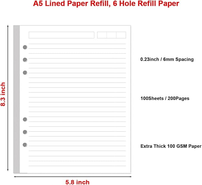 (2 Pack) A5 Lined Paper Refill, 6 Hole Refills Paper for 6 Ring Refillable Binder, A5 Filler Paper, Loose Leaf Paper for Filofax Planner Refills, Organizer, 200 Sheets/400 Pages, 100gsm, 5.8 x 8.2 In