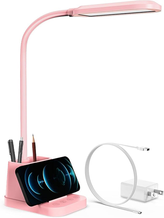 AXX Pink Desk Lamp for Kids, Cute Study Table Light for Bedrooms, Kawaii, USB Charging Port, Small, LED, 650LM, Room College Dorm Essentials, Office Accessories for Women Teen Girls