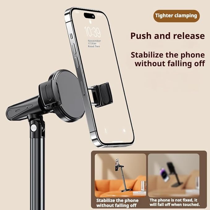 Height Adjustable Phone Stand for Desk, Retractable Desktop Phone Holder, 180° Flip & 360° Rotation Design，Compatible with iPhone/Android Devices,Ideal for Live Streaming and Video Recording (White)