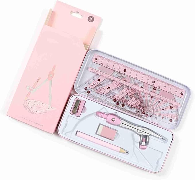 Geometry Set, Pencil for Compass, Pencil Sharpener, Rulers, Straight Ruler, Protractor, Graphic Compass, White Eraser Shatterproof Storage Box Protractor, Math Geometry Kit Drawing Tools (Pink)
