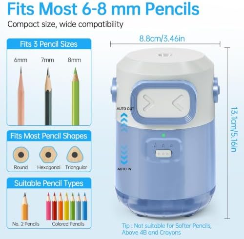 Electric Pencil Sharpener for Classroom Home, Automatic Colored Pencil Sharpener for Kids, Auto Stop for 6-8mm No.2/Colored Pencils, Cute Pencil Sharpener Battery Powered, School Supplies