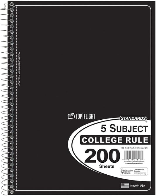 Top Flight Standards 5-Subject Wirebound Notebook, 200 Sheets, 3-Hole Punched, College Rule, 10.5 x 8 Inches, 1 Notebook, Color May Vary (31820)
