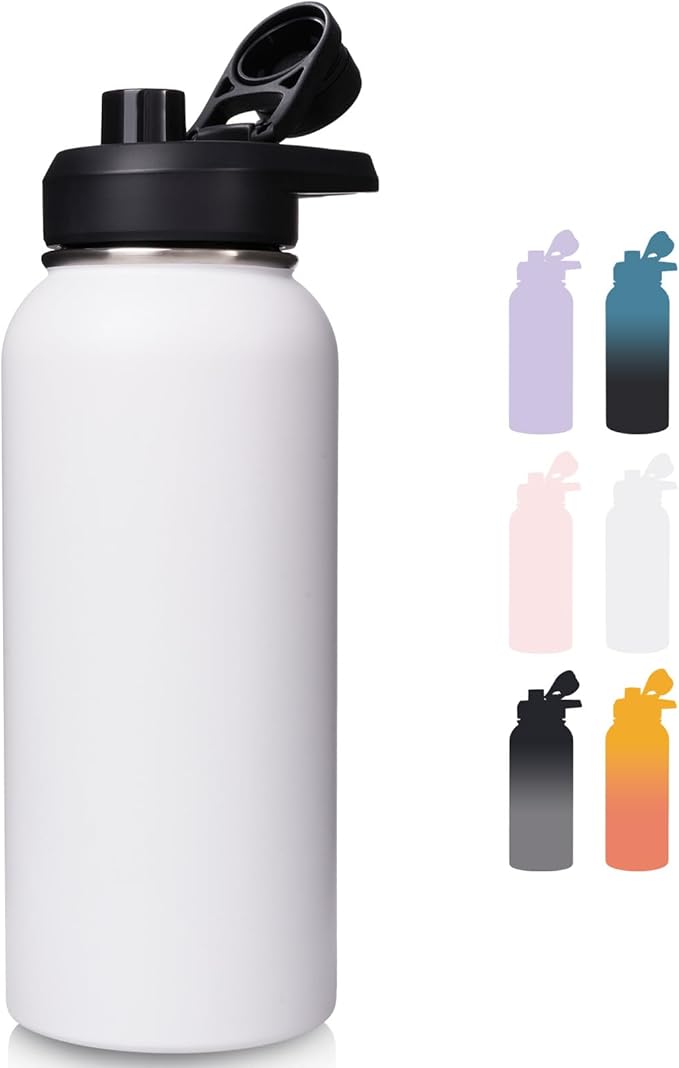 Fijinhom 32 oz Insulated Water Bottle with Handle, 304 Stainless Steel Water Bottles with Wide Mouth, Double Wall Vacuum Sports Water Bottle, BPA Free, Keep Cold and Hot, White