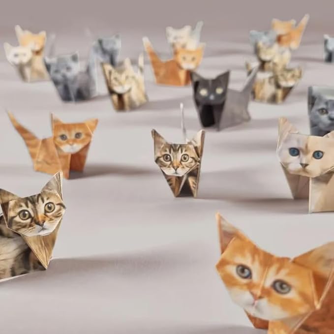 DIY Paper Cats Origami Kit-50 Sheets Premium Folding Paper to Create 3D Cat Figures-Unique Desk Pets & Aesthetic Office Decor-Creative Art Craft Project for Adults & Cat Lovers
