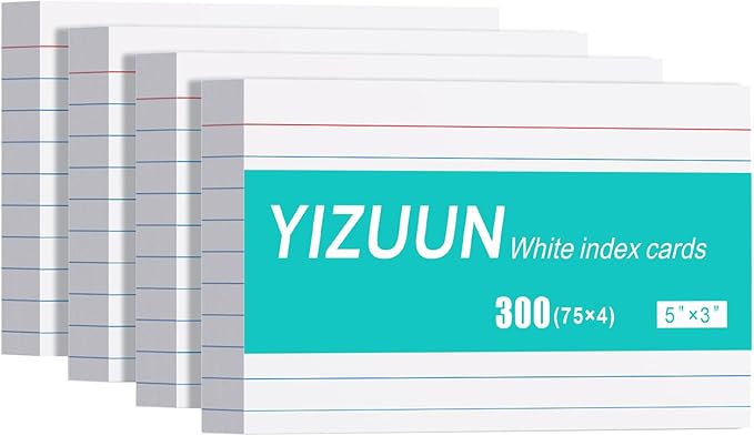 YIZUUN Index Cards 3x5, 300 Pack, Heavy Ruled Index Cards, Notecards 3x5 Lined, Flash Cards for Studying, Note Cards for Office, Home and School, White, 4 Packs of 75 Pack