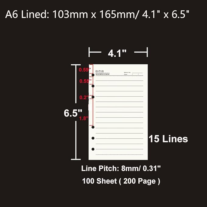 A6 Lined Refill Paper 6 Hole Punched Filler Paper Refills for A6 Loose Leaf Notebook Travel Journal Personal Diary Planner Binder, 80 Sheet/160 Page, 4.1" x 6.5"