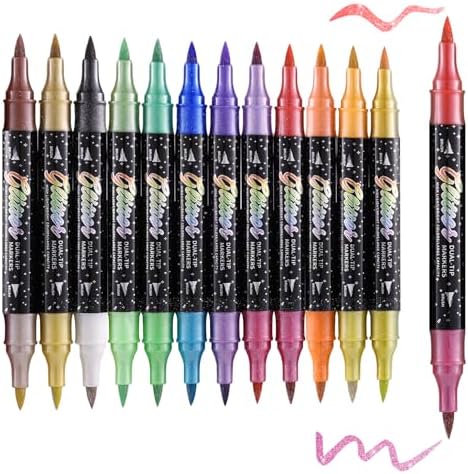 24 Colors 12 Pack Glitter Markers Pens Sparkle Markers Dual Brush Tip