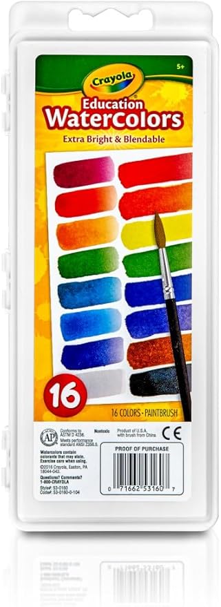 Crayola Watercolor Paint Set (16 Count), School Supplies Essentials, Washable Paint for Kids, 1 Paint Brush, Arts & Crafts, Assorted Colors, Ages 4+