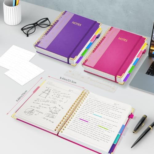 Hardcover Spiral Notebook Journal, 8"x10" Large B5 Notebooks with Removable Dividers Tabs, 300 Pages Leather 5 Subject Notebook College Ruled, Lined Journal for Women Work School Note Taking, Rose Red