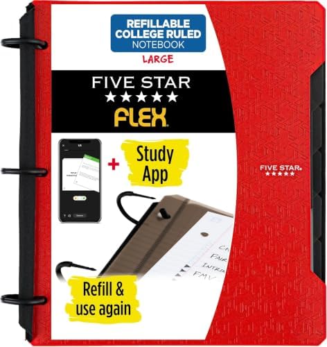 Five Star Flex Refillable Notebook + Study App,College Ruled Paper and 1 Inch TechLock Ring Binder with Pockets,Tabs and Dividers,200 Sheet Capacity,Fire Red (29328AB2),(Pack of 6)