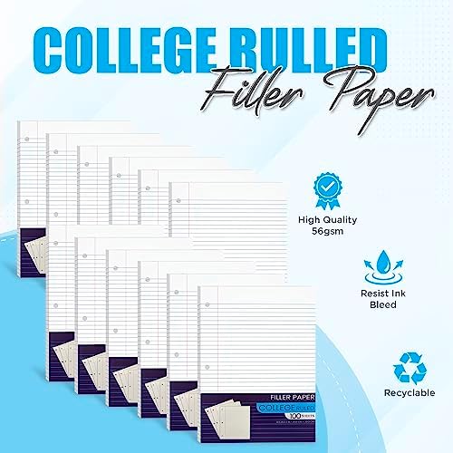 College Ruled Notebook Paper, Loose Leaf Lined Filler Paper for 3 Ring Binders - 10.5" X 8", for Students, School Classroom - 100 Sheets/Pack (12 Pack)