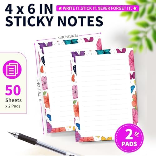 Lined Sticky Notes 4x6 in, 2 Pack Large Cute Notepads with Lines Self-Stick Note Pad, Funny Memo Pads Strong Adhesive for Office, Home Cute Butterfly Flowers