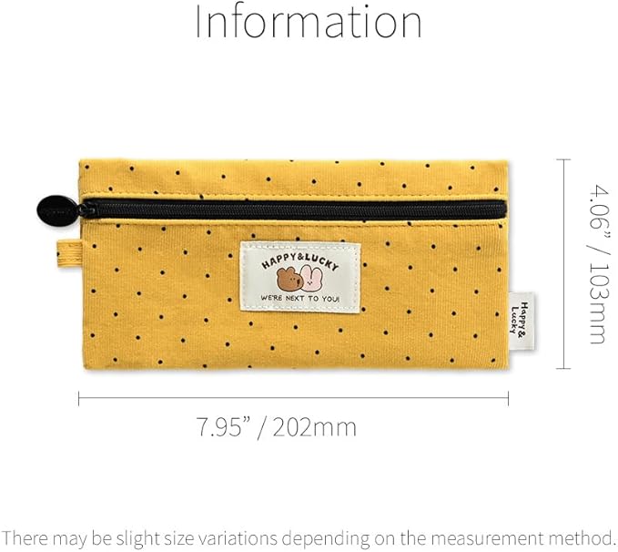 Monolike Happy and Lucky Candy Dot pen case, Yellow - Slim Corduroy Style Cotton Pen Pouch, Cute Aesthetic Pastel Stationery Organizer for Office