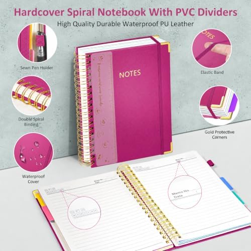 Hardcover Spiral Notebook Journal, 8"x10" Large B5 Notebooks with Removable Dividers Tabs, 300 Pages Leather 5 Subject Notebook College Ruled, Lined Journal for Women Work School Note Taking, Rose Red