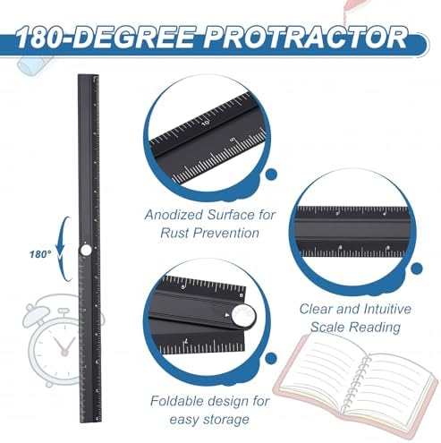 HARFINGTON 2pcs Folding Straight Ruler 12" SAE Aluminum Alloy Protractor Foldable Angle Ruler Geometric Measuring Tool with Angle Line for Architects Artists Designers Classroom Office, Black