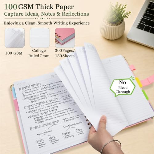 Hardcover Spiral Notebook 8.5''x 11'' College Ruled Notebook with Magnetic Closure, 300 Pages 5 Subject Notebooks with Pocket Dividers for Work School, A4 Leather Journal for Women, Men (Pink)