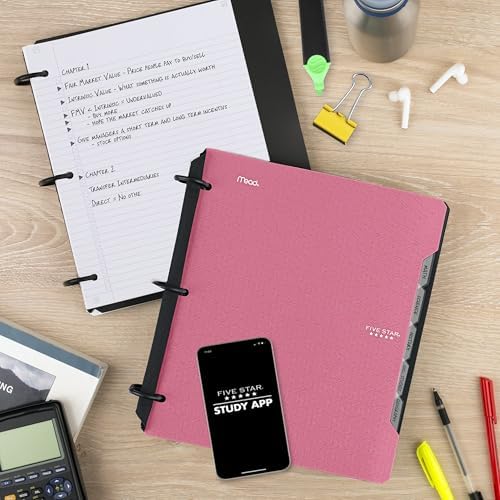 Five Star Flex Refillable Notebook + Study App 1.5 Inch O-Rings Binder with Pockets Tabs and Dividers, 300 Sheet Capacity, Includes 80 Sheets 8.5" x 11" College Ruled Paper, Prom Pink (293240R)