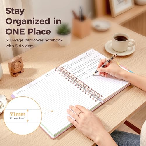 Hardcover Spiral Notebook Journal for Women & Men, Cute 5 Subject Notebook College Ruled for School & Work, Pink Journaling Notebooks with Removable Dividers Tabs, 8" x 10", 300 Pages, Tulip