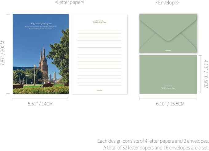 Monolike Capture the Life Sky Letter Paper and Envelopes Set - 8Type, 32 Letter Paper + 16 Envelopes