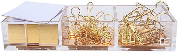 Clarity Gold Notes Holder with Cube Memo Pad 320 Sheets, Acrylic 3 in 1 Drawer Organizer by Draymond Story (Clips Sold Separately) - Gift Ideas for Women