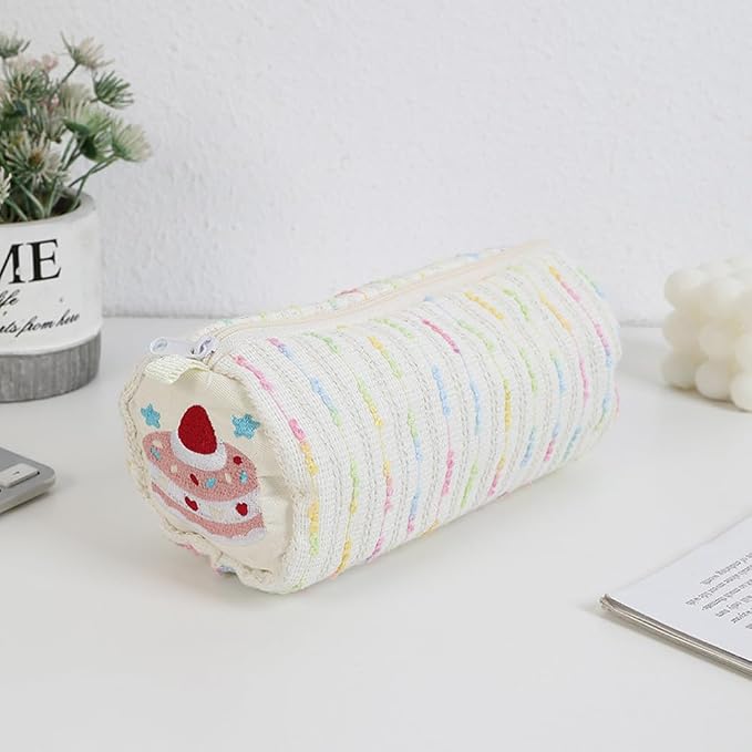 Cute Striped Pencil Case for Girls Large Capacity Aesthetic Pen Pouch with Zipper Stationery Organizer Bag for School Office Durable Pencil Box for Teens Students Women Kids (Cylinder-White)