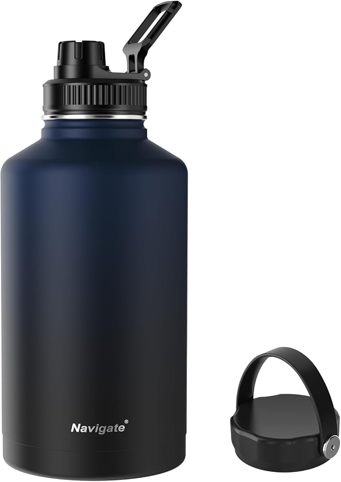 Navigate 64oz Insulated Water Bottle for Sports, Keep Cold 24H | 2-in-1 Spout and Handle Lids, Double Leak-Proof, 18/8 Stainless Steel, BPA-Free, Wide Mouth for Hiking,Blue to Black