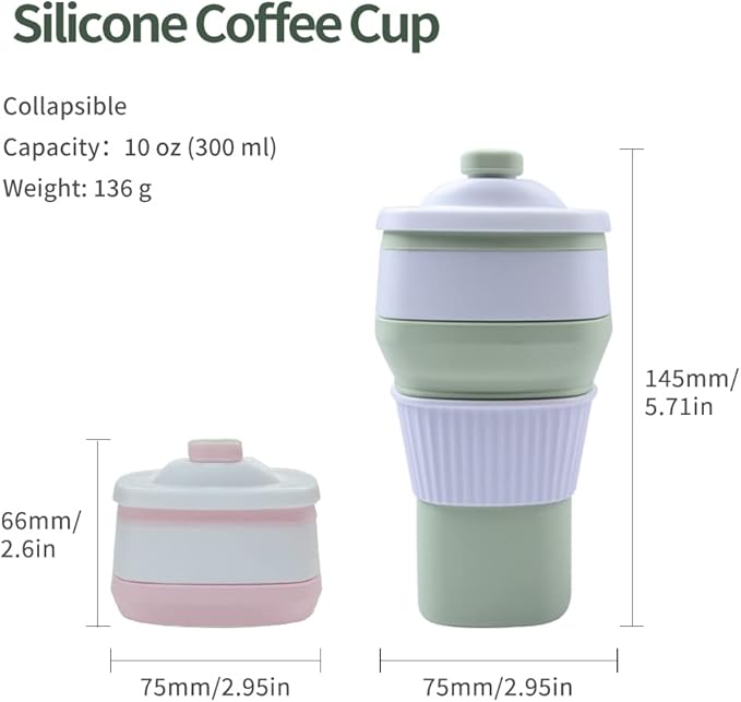Collapsible Travel Coffee Cups Set of 2 - Silicone Foldable Mugs with Leakproof Lids, BPA Free, Microwave and Dishwasher Safe - 10oz (300ml) for Travel, Office, Camping