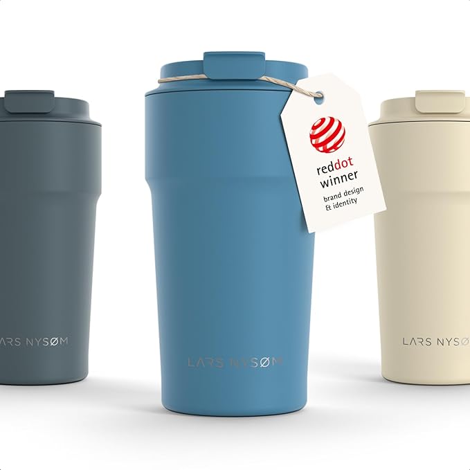 LARS NYSØM Thermo Coffee Mug to go 17oz | Travel Mug 0.5 Liter with Insulation | Silicone grip base | Leak Proof Stainless Steel Tumbler for Coffee and Tea on the Go (Powder Calypso Blue, 17oz)