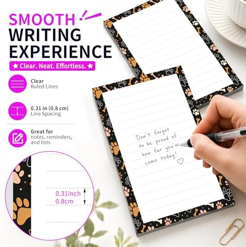 Lined Sticky Notes 4x6 in, 2 Pack Large Cute Notepads with Lines Self-Stick Note Pad, Funny Memo Pads Strong Adhesive for Office, Home Colorful Dog Paws