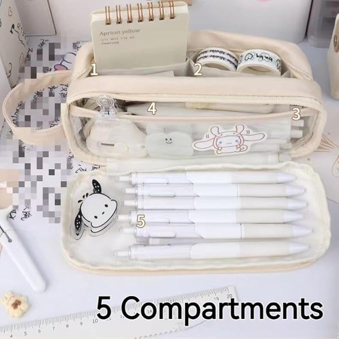 Big Capacity Pencil Case 5 Compartments Large Pencil Pouch Pen Bag Pencil Box Holder Organizer Simple Storage Aesthetic Stationery Cosmetic for Adults Men Women College Office Essentials (White)