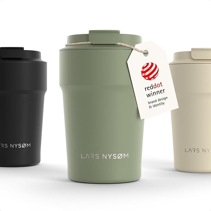 LARS NYSØM Thermo Coffee Mug to go 13oz | Travel Mug 0.38 Liter with Insulation | Silicone grip base | Leak Proof Stainless Steel Tumbler for Coffee and Tea on the Go (Powder Sage Green, 13oz)
