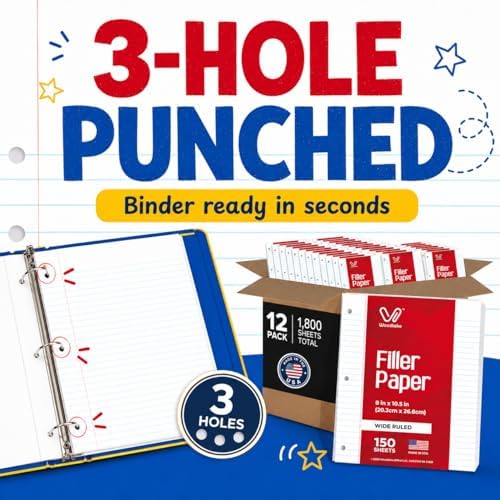 Woodlake Loose Leaf Paper Bulk, Wide Ruled Notebook Paper, 8 x 10.5 Inch Filler Paper, 3-Hole Punched Lined Binder Paper, 60 GSM, 150 Sheets/Pack, 1,800 Sheets Total, Made in USA for School & Office