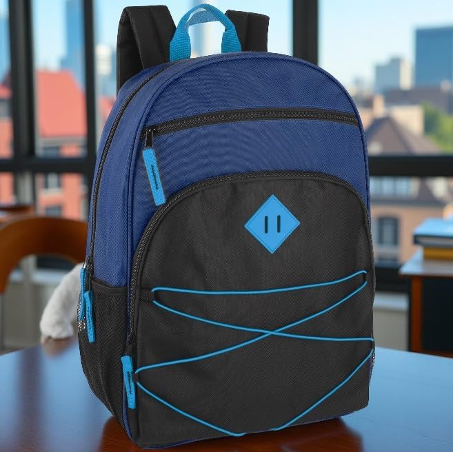 Summit Ridge Boys and Girls School Backpacks with Bungee Cord Front | 17” Multi Pocket Backpack for Kids, Teens, Adults, Travel (Navy/Black)