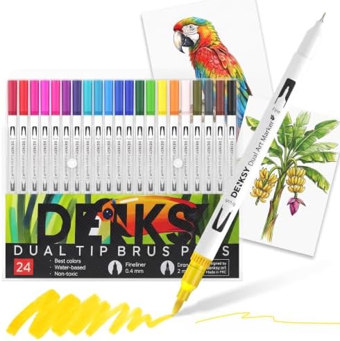 24 Watercolor Markers Set | Water Color Pens with Brush & Fineliner, Water-Based Art Markers | Dual Tip Markers for Adult Coloring, Lettering, Calligraphy, Sketching, Journaling & Illustration